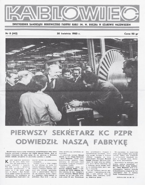 Rysunek 2 „Kablowiec” – gazeta wydawana w Fabryce Kabli w Ożarowie Mazowieckim. Numer z kwietnia 1980 roku